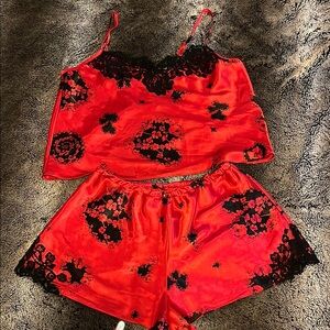 Red and Black Lace Trim Sleepwear Set